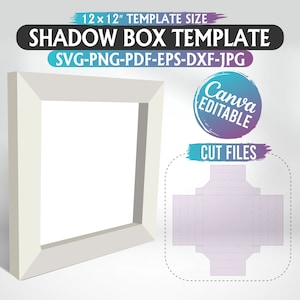 Könnte beinhalten: Eine Vorlage für eine Schattenbox mit den Maßen 12 x 12 Zoll. Die Vorlage wird als weißer Rahmen mit weißem Hintergrund dargestellt. Die Vorlage wird auch als Ausschnittdesign mit gepunkteten Linien zum Falten und Schneiden dargestellt. Der Text "Canva Editable" und "Cut Files" ist im Bild enthalten.