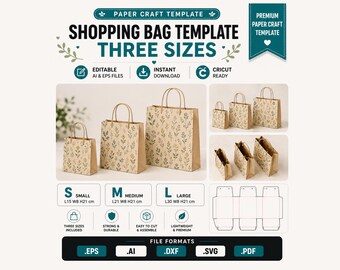 Shopping Bag Template SVG | 3 Sizes Paper Gift Bag | Cricut Shopping Bag SVG | Paper Bag Template | Gift Packaging | Cricut & Silhouette