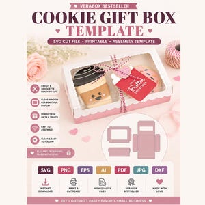 Könnte beinhalten: Eine rosa Keks-Geschenkbox-Vorlage mit einem transparenten Fenster, das einen kaffeeförmigen Keks und einen Donut zeigt. Die Box enthält ein rotes Etikett mit der Aufschrift "Butter Together". Das Design ist für SVG-Schnittdateien, druckbar und zum Zusammenbauen.