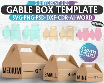 Bundle Gable Box Template, Gable Box SVG, Box Svg, Box template Svg, 3 Different Size Gable Box, svg for cricut, 8.5"x11" sheet, Printable