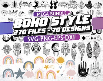 Boho SVG Bundle: Mystical Sun, Moon, Rainbow Designs (Digital Files)