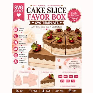 Op de afbeelding: Een digitaal SVG-sjabloon voor een taartpunt-cadeaodoosje. De afbeelding toont een bruin en crèmekleurig papieren doosje in de vorm van een taartpunt met een aardbei erop. De tekst bevat "Cake Slice Favor Box" en "SVG Template".