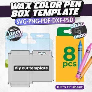 8pcs Wax Color Pen Box Template, Crayon Box Template, Editable Canva Template, Box Template, Party Favor Box, Gift Box Svg, Canva Editable