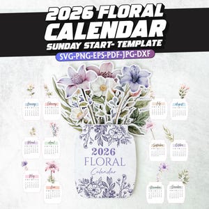 2026 Floral Calendar Sunday Start – 12 Month Printable Vase Flower Calendar – Watercolor Botanical Desk Decor – Printable Flower Calendar