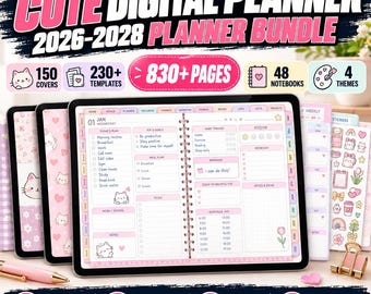 Cute Digital Planner 2026-2027-2028, Goodnotes iPad Planner, 830+ Pages, Weekly Daily Monthly Planner, Kawaii Planner Bundle
