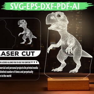 T-Rex Dinosaur Night Light 3D Lamp File: Laser Cut CNC Plan (Digital Download)