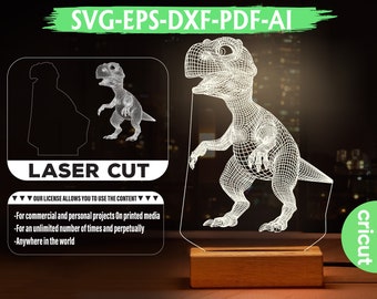 May include: A white 3D printed dinosaur night light on a wooden base. The dinosaur is in a standing pose with its mouth open. The night light is illuminated with a warm white glow. The image also includes a smaller 3D printed dinosaur in the background. The text "SVG-EPS-DXF-PDF-AI" and "LASER CUT" are visible in the image. The text "OUR LICENSE ALLOWS YOU TO USE THE CONTENT" is also visible in the image. The text "For commercial and personal projects On printed media" is also visible in the image. The text "For an unlimited number of times and perpetually" is also visible in the image. The text "Anywhere in the world" is also visible in the image. The text "cricut" is also visible in the image.
