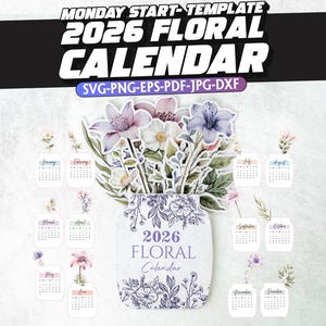 2026 Floral calendar, 12 Month Printable Vase Flower Calendar, calendar 2026, calendar template, printable calendar 2026, mini calendar svg