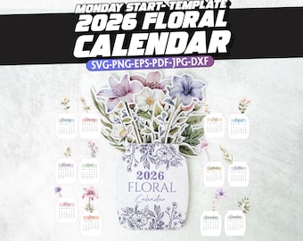 2026年花カレンダー、12ヶ月印刷可能な花瓶フラワーカレンダー、2026年カレンダー、カレンダーテンプレート、2026年印刷可能カレンダー、ミニカレンダーSVG