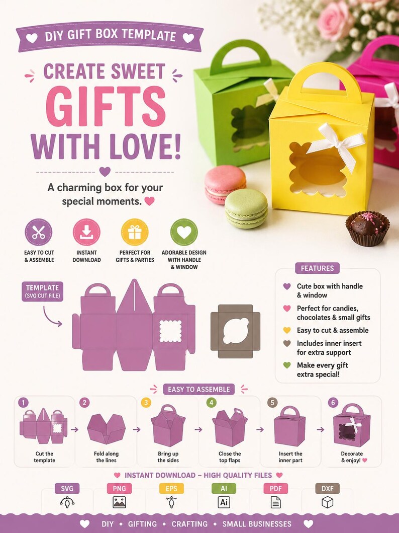 Handle Gift Box Layout Handle Gift Box SVG Template, Window Favor Box SVG, Cricut Treat Box ...