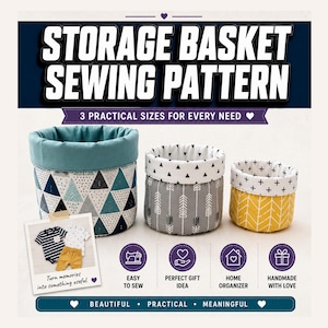 Puede incluir: Un patrón de costura para tres cestas de almacenamiento de diferentes tamaños. Las cestas presentan telas con patrones de triángulos en azul cerceta, azul marino y blanco, flechas grises y diseños de chevrón amarillos. Texto: STORAGE BASKET SEWING PATTERN.