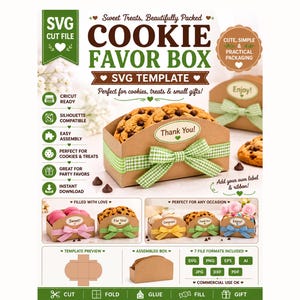 May include: A digital template for a brown cardboard cookie favor box featuring a green gingham ribbon and a Thank You label. The graphic displays various assembled boxes with different colored ribbons and labels, plus file format icons.