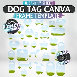 Puede incluir: Un conjunto de plantillas de marco de etiqueta de perro de 8,5" x 11" para Canva. Las plantillas presentan una variedad de formas, incluidos corazones, huesos, estrellas y nubes. Las plantillas son editables y se pueden personalizar con tu propio texto e imágenes.