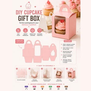 Könnte beinhalten: Eine DIY-Cupcake-Geschenkbox-Vorlage in hellem Rosa. Die Grafik zeigt ein flaches Stanzlayout, eine fertig montierte Box mit einem Sichtfenster, das einen Cupcake enthält, sowie fünf schrittweise Montageanleitungen mit entsprechenden Symbolen.