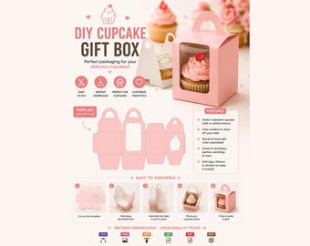 Cupcake Box SVG Template, Cupcake Favor Box SVG, Window Cupcake Carrier, Cricut Bakery Packaging, Single Cupcake Gift Box