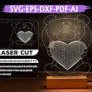 Cute Bear Love Svg, Love heart LED Acrylic Lamp, Vector file, CNC, and Laser Cutting, Instant Download