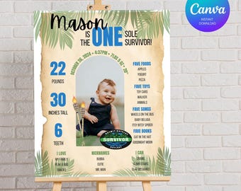 Survivor Themed First Birthday Milestone Sign | 1st Birthday Stats Poster | Survivor Party Decor | Printable Poster | Canva Template