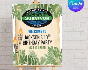 Editable Survivor Birthday Welcome Sign | Digital Birthday Welcome Sign | Survivor TV Show | Tiki Tribal Birthday Decor | Canva Template