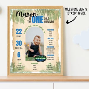 Survivor Themed First Birthday Milestone Sign | 1st Birthday Stats Poster | Survivor Party Decor | Printable Poster | Canva Template image 2