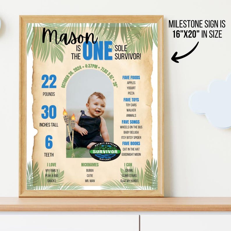Survivor Themed First Birthday Milestone Sign | 1st Birthday Stats Poster | Survivor Party Decor | Printable Poster | Canva Template image 2