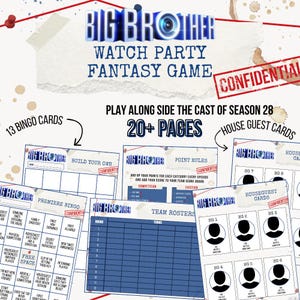 Könnte beinhalten: Ein Big Brother Watch Party Fantasy-Spielset mit über 20 Seiten druckbarem Material. Enthält 13 Bingokarten, Hausgastkarten, Teamlisten und Punktregeln. Das Design verwendet einen weißen Hintergrund mit blauem Text und roten Akzenten.