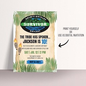 May include: A party invitation with a Survivor theme. The invitation features the Survivor logo, text that reads "The Tribe Has Spoken... Jackson is 10!", and details for the birthday party. Palm fronds and torches decorate the invitation.