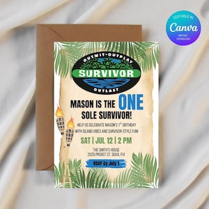May include: A birthday invitation with a Survivor theme. The design features the text "Survivor" above the words "Mason is the One Sole Survivor!" and event details. The invitation includes tropical foliage and tiki torches, with a brown envelope in the background.