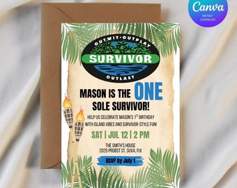 Editable Survivor First Birthday Invitation | Tribal Party Theme | 1st Birthday Digital Invite | Canva Template | Printable Island Birthday