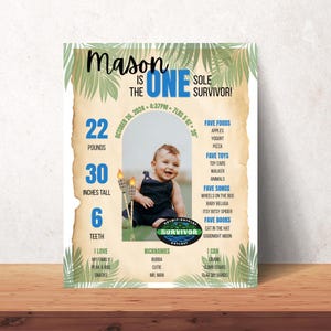 Survivor Themed First Birthday Milestone Sign | 1st Birthday Stats Poster | Survivor Party Decor | Printable Poster | Canva Template image 3