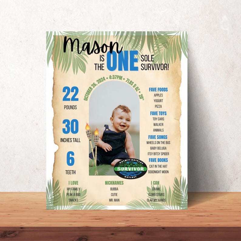 Survivor Themed First Birthday Milestone Sign | 1st Birthday Stats Poster | Survivor Party Decor | Printable Poster | Canva Template image 3