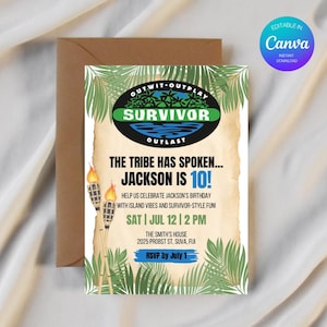 Może przedstawiać: Zaproszenie urodzinowe z motywem Survivor. Zaproszenie zawiera logo Survivor, tekst "The Tribe Has Spoken... Jackson is 10!" oraz szczegóły wydarzenia. Projekt zawiera liście palmowe i pochodnie tiki.