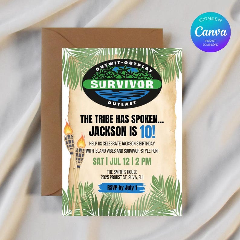 May include: A birthday invitation with a Survivor theme. The invitation features the Survivor logo, text that reads "The Tribe Has Spoken... Jackson is 10!", and event details. The design includes palm leaves and tiki torches.