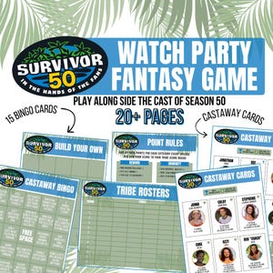 May include: A Survivor-themed watch party fantasy game set. Includes bingo cards, castaway cards, point rules, and tribe rosters. The game features the cast of season 50 and includes over 20 pages of content.
