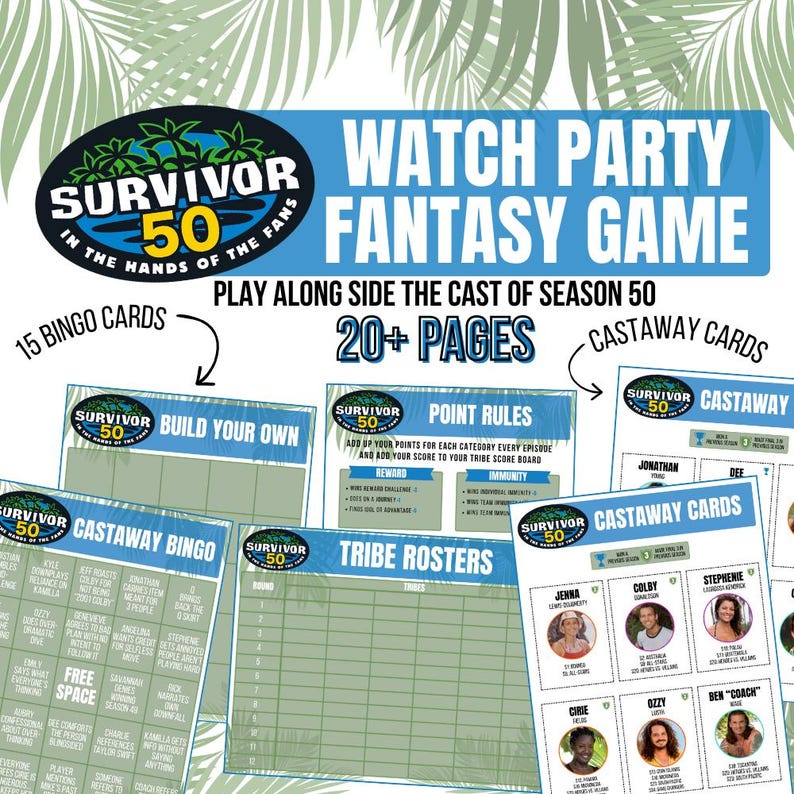 Może przedstawiać: Zestaw do gry fantasy na imprezę tematyczną Survivor. Zawiera karty bingo, karty rozbitk&oacute;w, zasady punktacji i listy plemienne. Gra przedstawia obsadę 50 sezonu i zawiera ponad 20 stron treści.