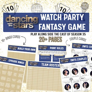 Peut inclure: Un kit de jeu fantastique pour soirée Dancing with the Stars comprenant plus de 20 pages avec des cartes de bingo, des listes d'équipes, des règles de points et des cartes de couples. Design bleu et doré avec des boules à facettes.
