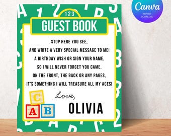 Street Inspired Birthday Guestbook Sign | ABC 123 Birthday Decor | Printable Welcome Table Sign | First Birthday | Street Monster | Canva