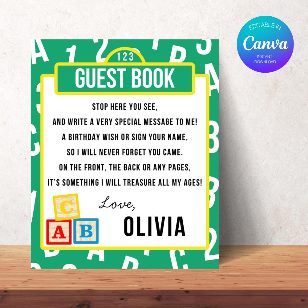 Street Inspired Birthday Guestbook Sign | ABC 123 Birthday Decor | Printable Welcome Table Sign | First Birthday | Street Monster | Canva
