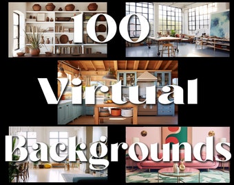 Op de afbeelding: Een collage van 100 virtuele achtergronden met verschillende interieurstijlen, waaronder een boekenkast met aardewerk, een keuken met blauwe kasten, een studio met grote ramen en een woonkamer met een roze bank.