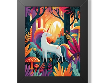 Colorful Unicorn Forest Framed Print – Whimsical Fantasy Wall Art