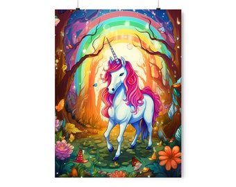 Magical Unicorn in the Forest Children's Illustration Premium Matte Vertical Posters