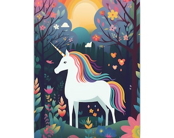 Unicorn Canvas Wall Art, Rainbow Nursery Decor, Magical Forest Print