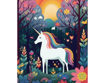 Lámina decorativa de bosque con unicornios arcoíris para la habitación de los niños