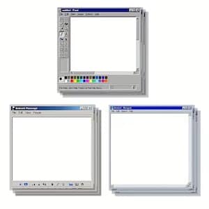 Puede incluir: Tres ventanas de ordenador apiladas, mostrando una estética retro. La ventana superior es una aplicación Paint, la del medio es una ventana de Mensaje Instantáneo y la inferior es una ventana de Bloc de notas. Cada ventana tiene una barra de título azul y un fondo blanco.