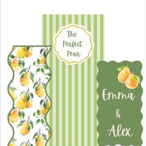 May include: Three rectangular labels with scalloped edges. One features a white background with a yellow pear and green leaf pattern. Another has vertical light green stripes and a central badge with the text The Perfect Pear. The third is solid green with two pears and the text Emma & Alex.