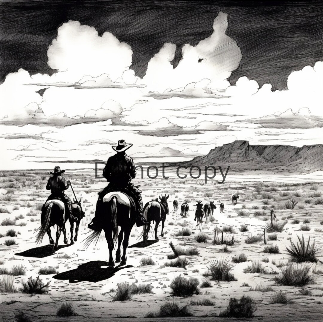 Two Cowboys Herding Cattle Through the Desert Instant Digital Download ...