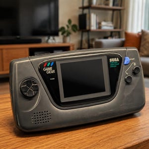 May include: A grey Sega Game Gear portable video game system featuring a black screen bezel, a directional pad on the left, and a blue start button with two black action buttons on the right. The console includes a speaker grille and text.