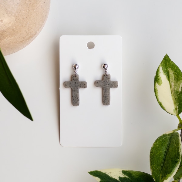 Gray Cross Earrings | Speckled Gray Polymer Clay Earrings | Lightweight Polymer Clay | Casual for Everyday Wear