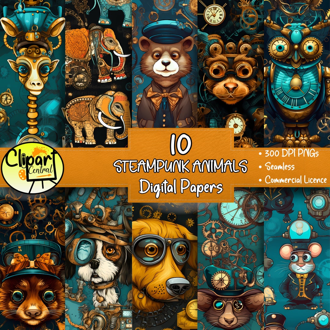 Steampunk Animals Digital Paper Bundle 10 High Quality PNG Files at 400 ...
