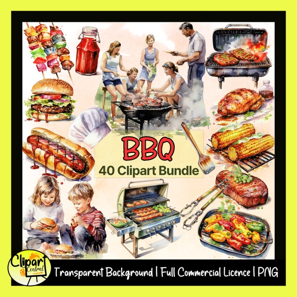 BBQ Watercolor Clipart Bundle - Commercial License | 400 DPI Transparent Background PNG |  Summer Barbecue Party Grilled Food Burgers Hotdog