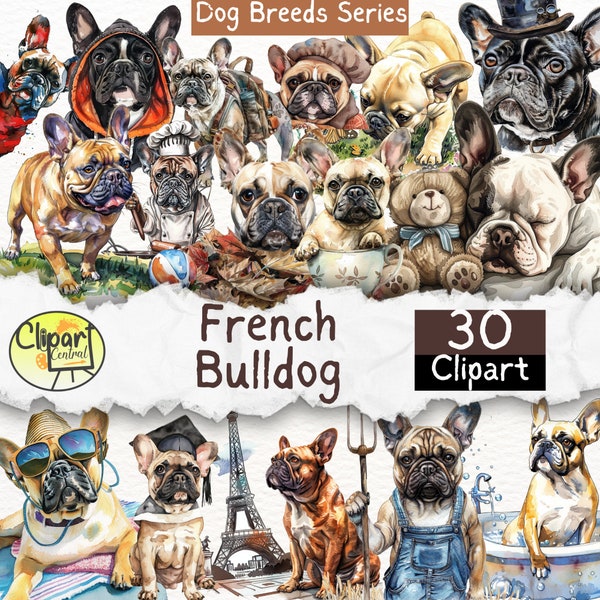 French Bulldog Watercolor Clipart Bundle - Commercial License | Transparent Background PNG | Dog Breeds Series, Gift For Pet Lover, Animals